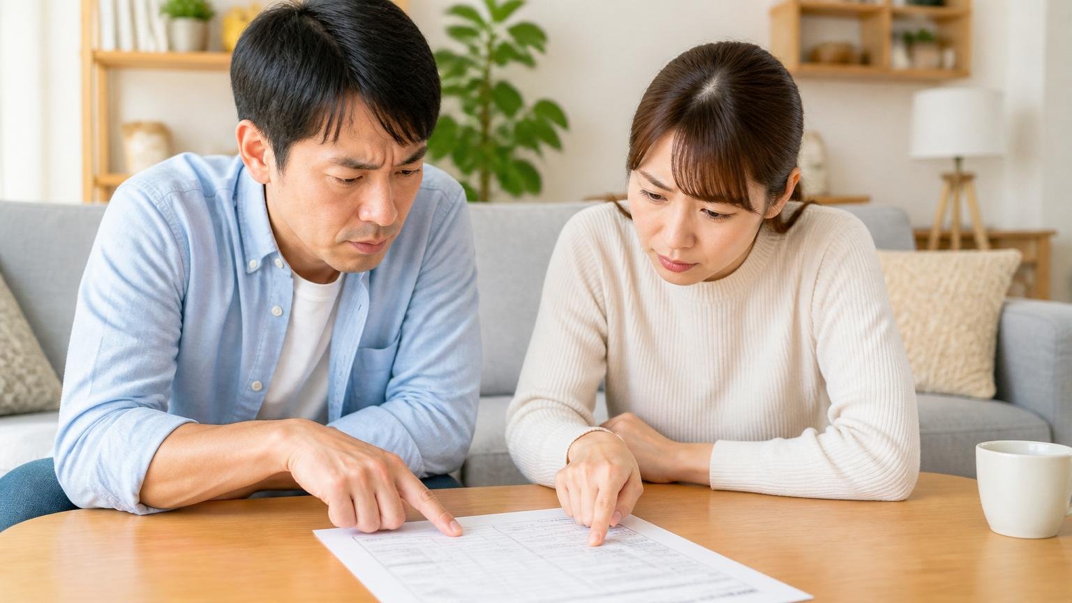 見積書を受け取ったら指さして確認する5項目。リビングのテーブルで住人2人が見積書を指さして話し合う真剣な表情