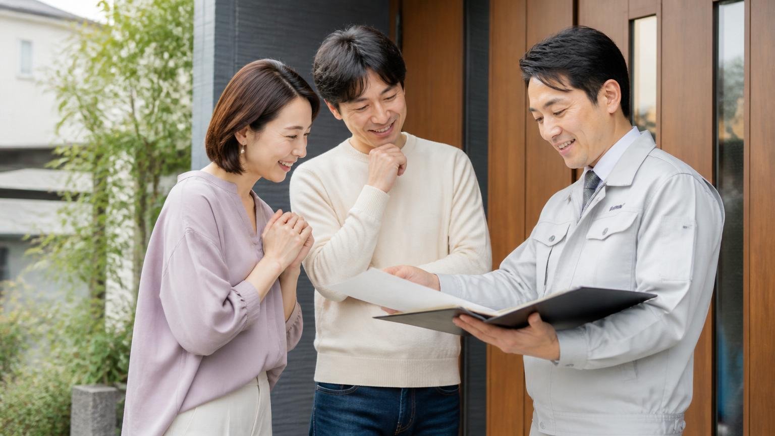 向いている人|北陸・東海・関東で説明の丁寧さを重視する人 木造戸建ての玄関先で書類を見せながら説明する作業員と夫婦の3人 納得した表情