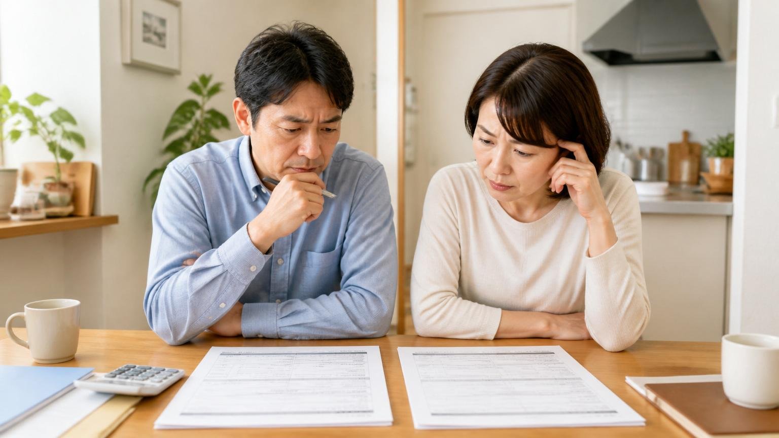 業者を4つの軸で比べる場面。自宅ダイニングで2社の見積書を並べて見比べる40代夫婦2人が真剣な表情