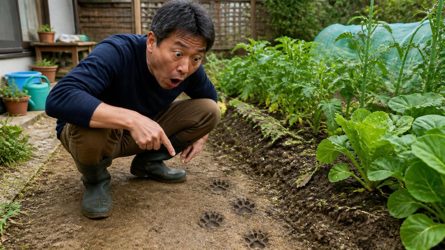 庭でアライグマの足あとを見つけて驚く場面。家庭菜園の脇にしゃがむ40代男性1人が目を丸くする