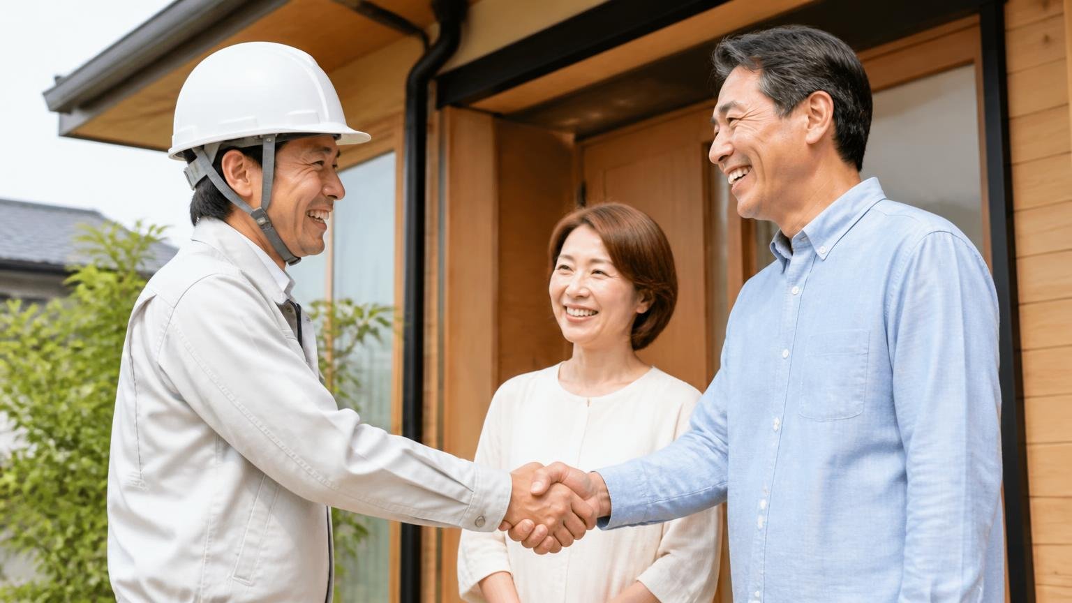 向いている人の条件。木造戸建ての軒下で作業員と住人2人が笑顔で握手