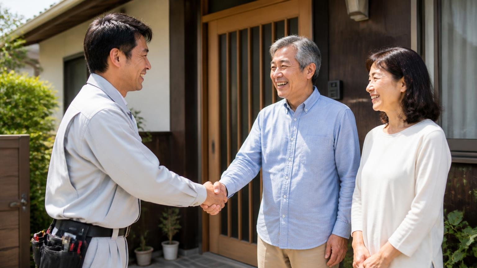 向いている人は関西7府県でじっくり根本から直したい人 木造戸建ての玄関前で作業員と握手する50代夫婦2名が笑顔