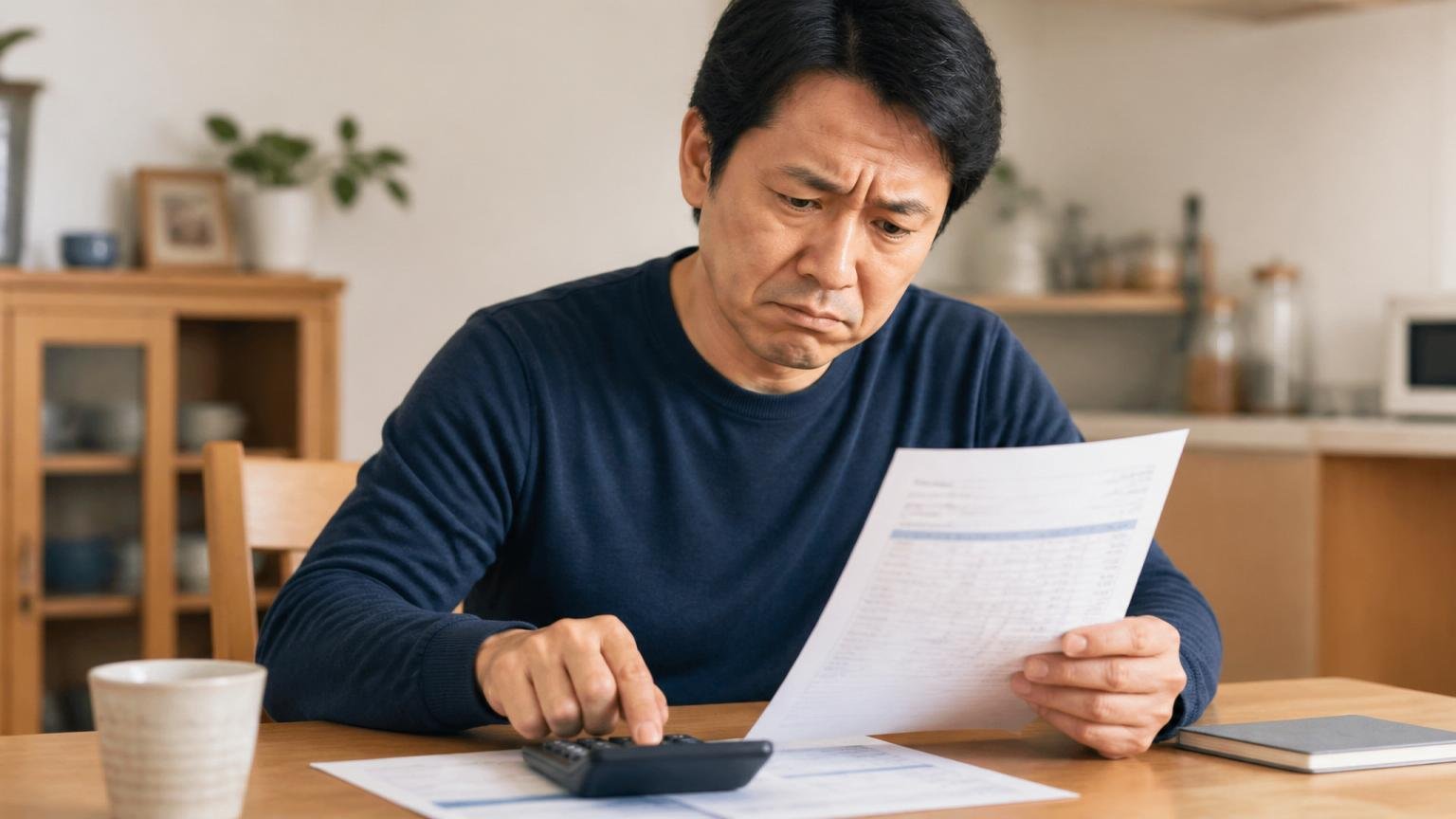 口コミのリーズナブルは物差しにならない。自宅の食卓で40代男性が見積書を手に電卓をたたき渋い顔をする