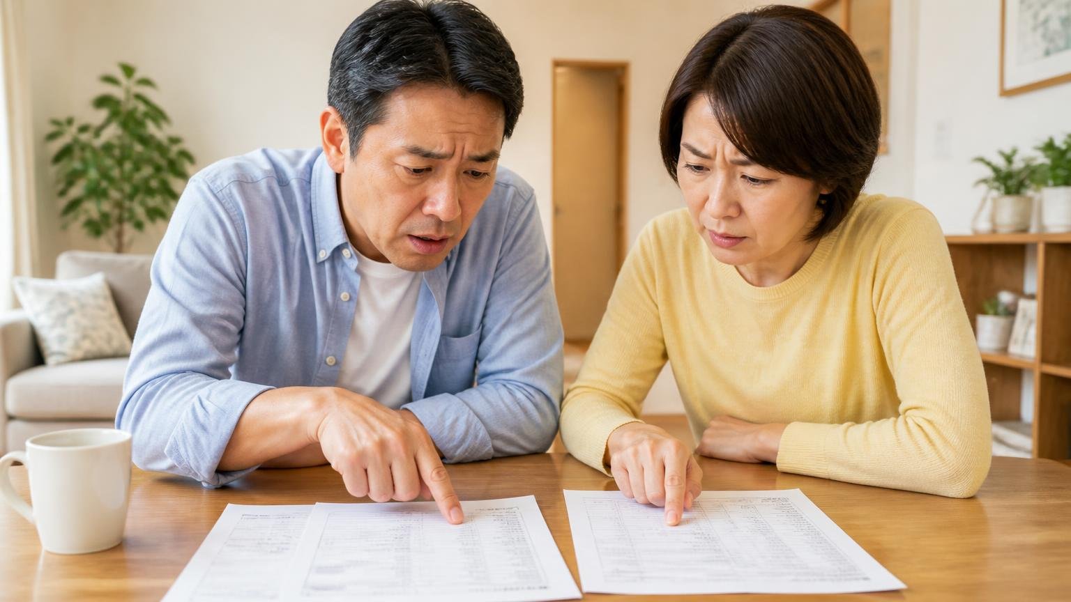 見積書の内訳が一式になっていないか 自宅の食卓で夫婦2人が見積書を並べて指さし眉をひそめる
