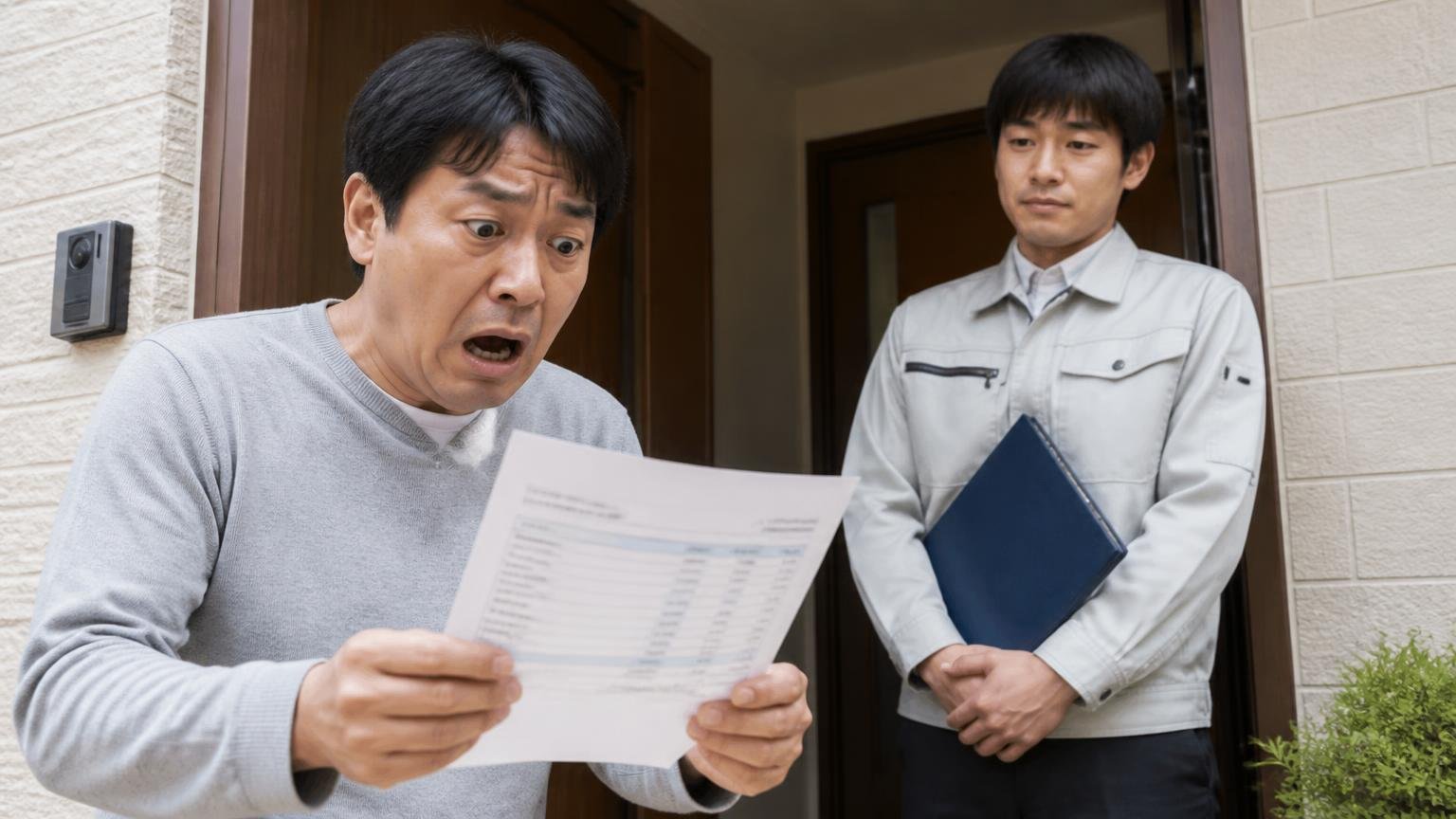 広告の格安料金が高額請求になった実例、玄関先で請求書を見て絶句する住人1人と作業員1人