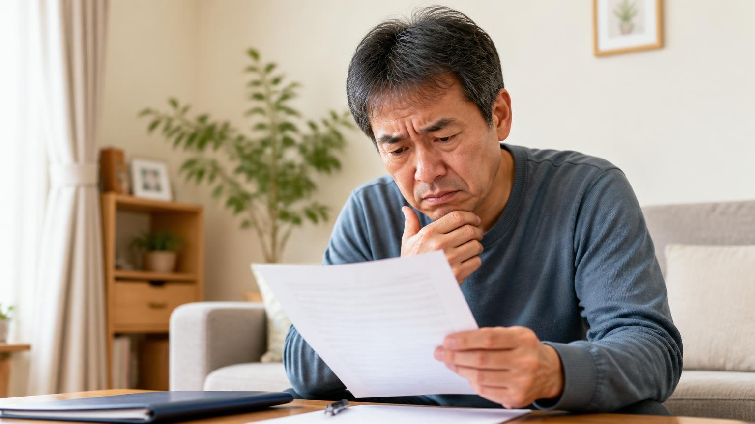 駆除サービスの相談は6年で2.7倍に増加 リビングで50代男性が1人契約書を手に眉をひそめる