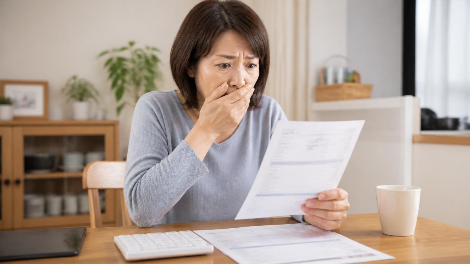 駆除サービスの相談は6年で2.7倍に増えている/自宅のダイニングで請求書を見る/50代女性1人/金額を見て口元を押さえる