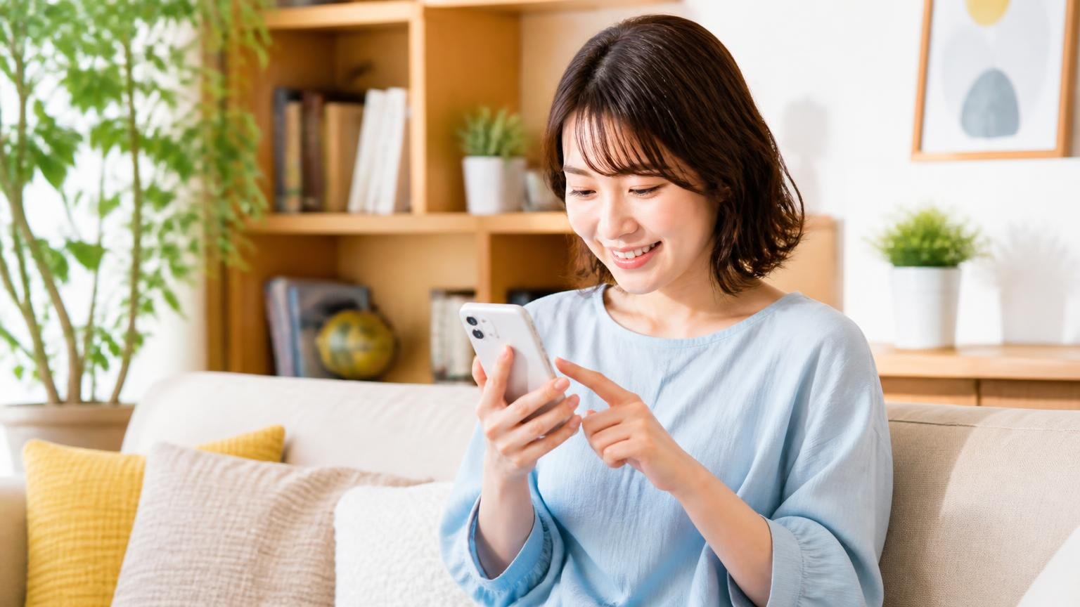 複数社に無料見積もりを申し込む場面 リビングのソファでスマホを操作する女性1人 前向きな表情