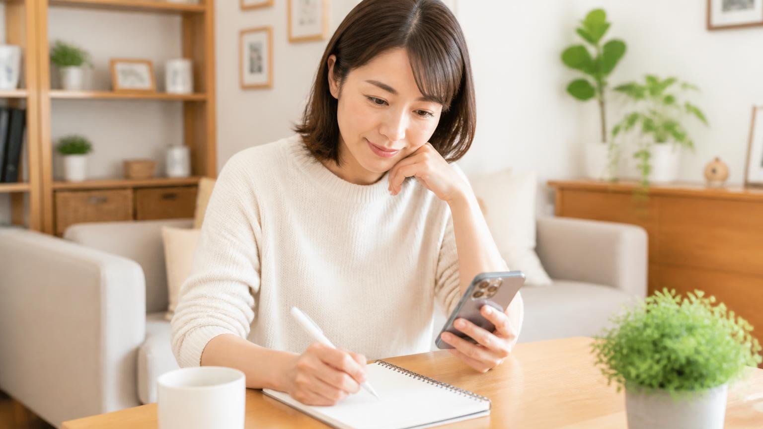 依頼する前にやっておく3つの準備 リビングのテーブルでメモとスマホを手に記録をつける女性1人