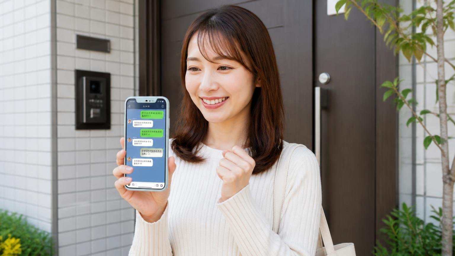 向いている人の条件を確認する。マンションの玄関先で女性1人がスマホでLINE相談の画面を見せて笑顔になる