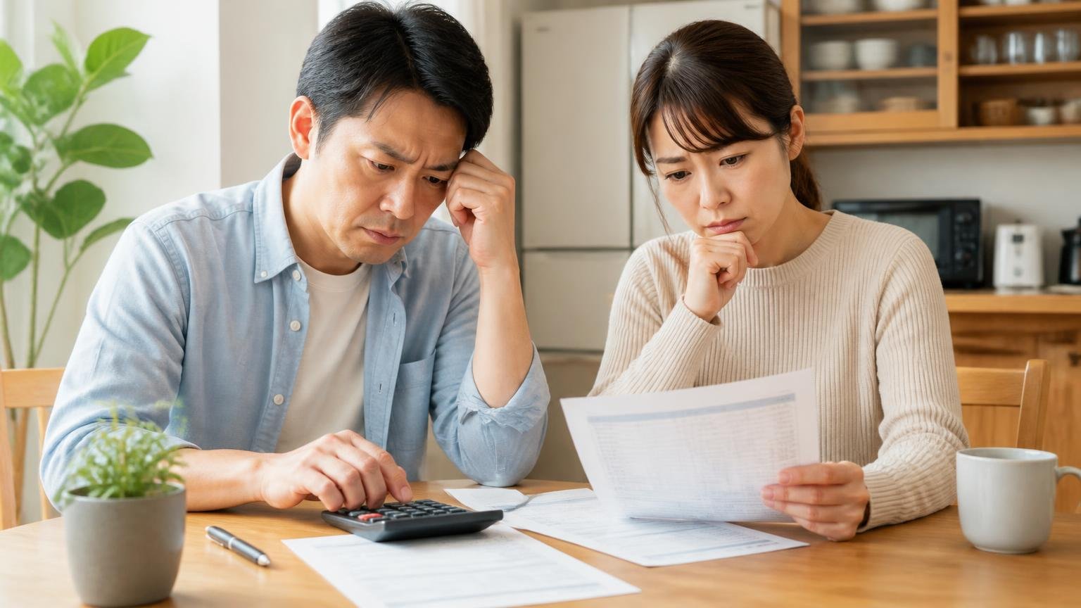 公式サイトに料金表はない。ダイニングで見積書と電卓を並べて計算する住人の男女2人