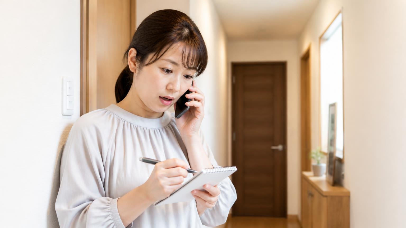 電話の段階で聞いておくこと。自宅の廊下で女性1人がメモを取りながら電話で質問している