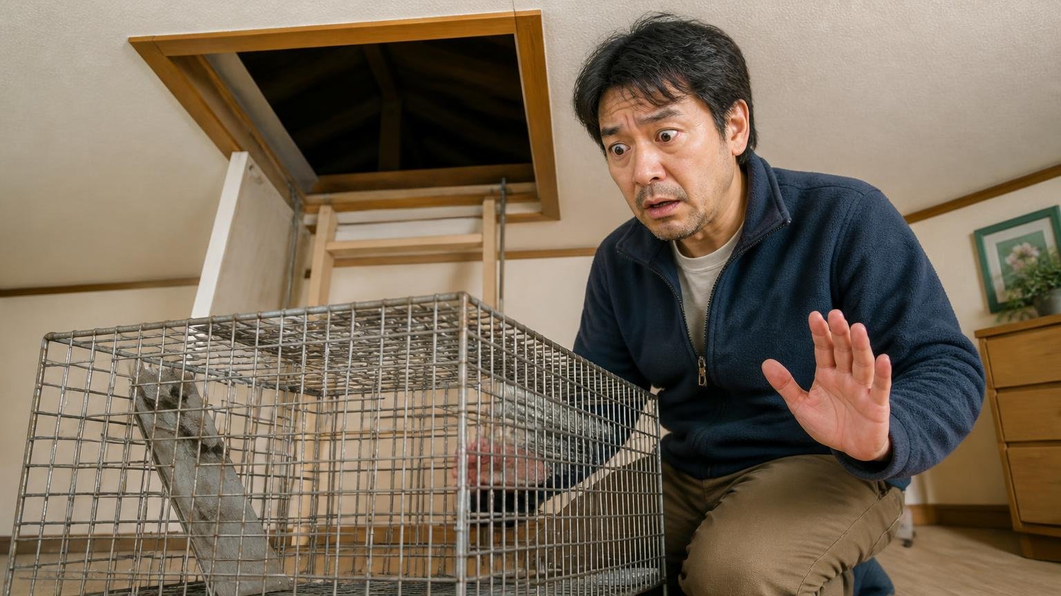 捕獲には許可が必要。住宅の屋根裏点検口の前で、住人1人が捕獲檻を前にして戸惑った顔で手を止める