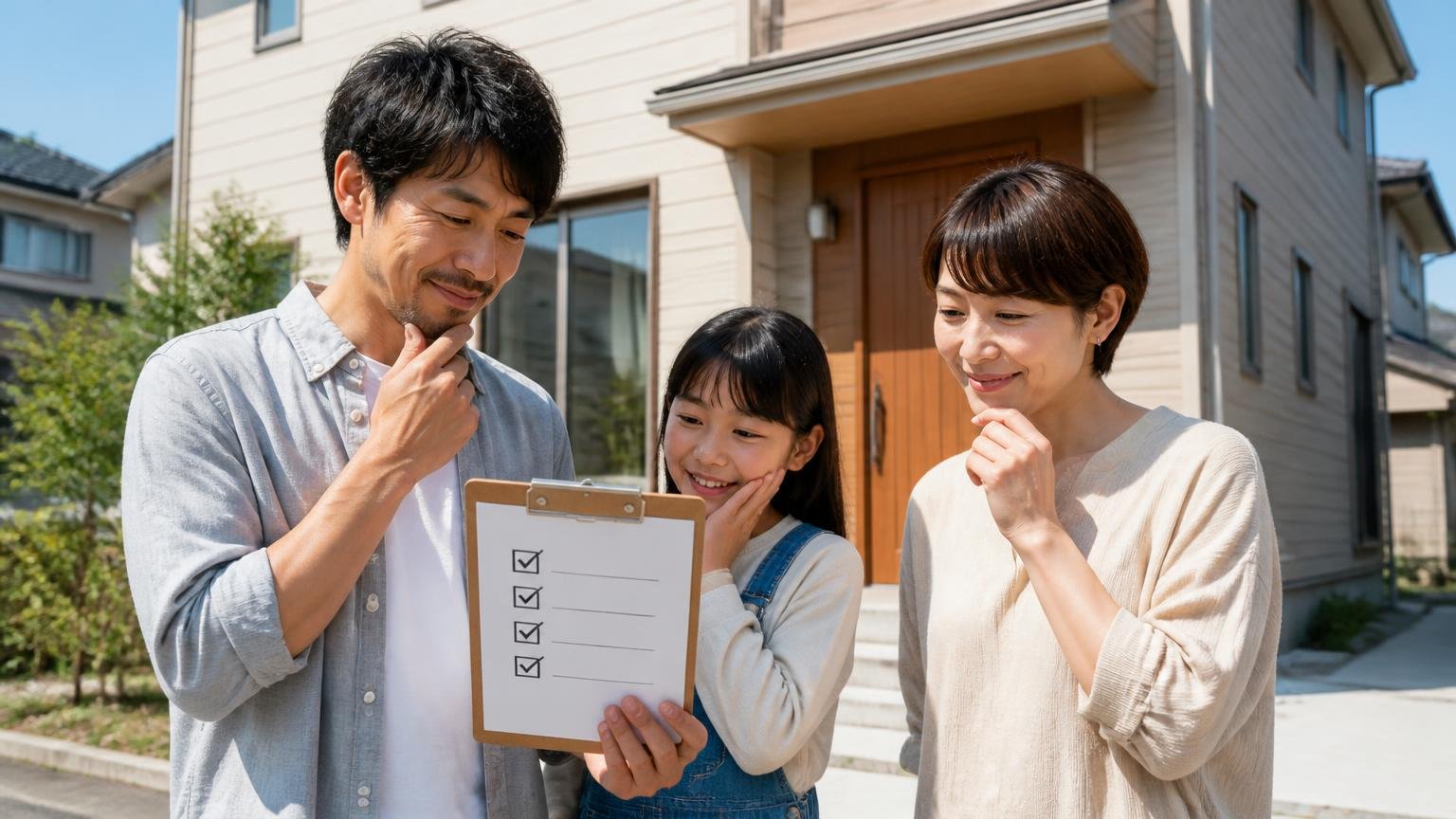 向いている人の5つの条件 東京近郊の木造戸建ての前 家族3人 チェックリストを手に納得の表情