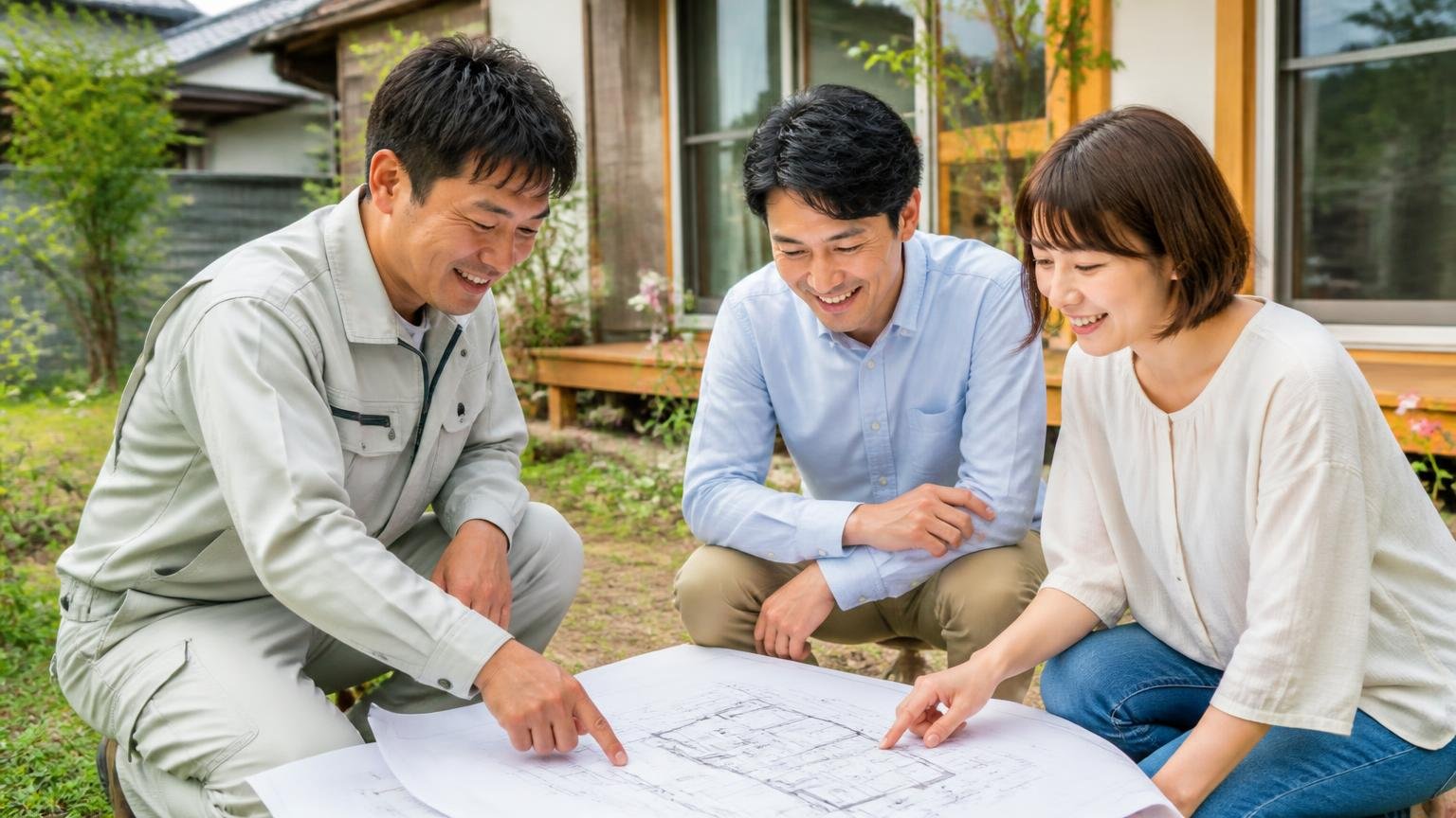 この会社が向いている人。木造戸建ての庭先で作業員1人と夫婦2人が図面を広げ、笑顔で打ち合わせをする