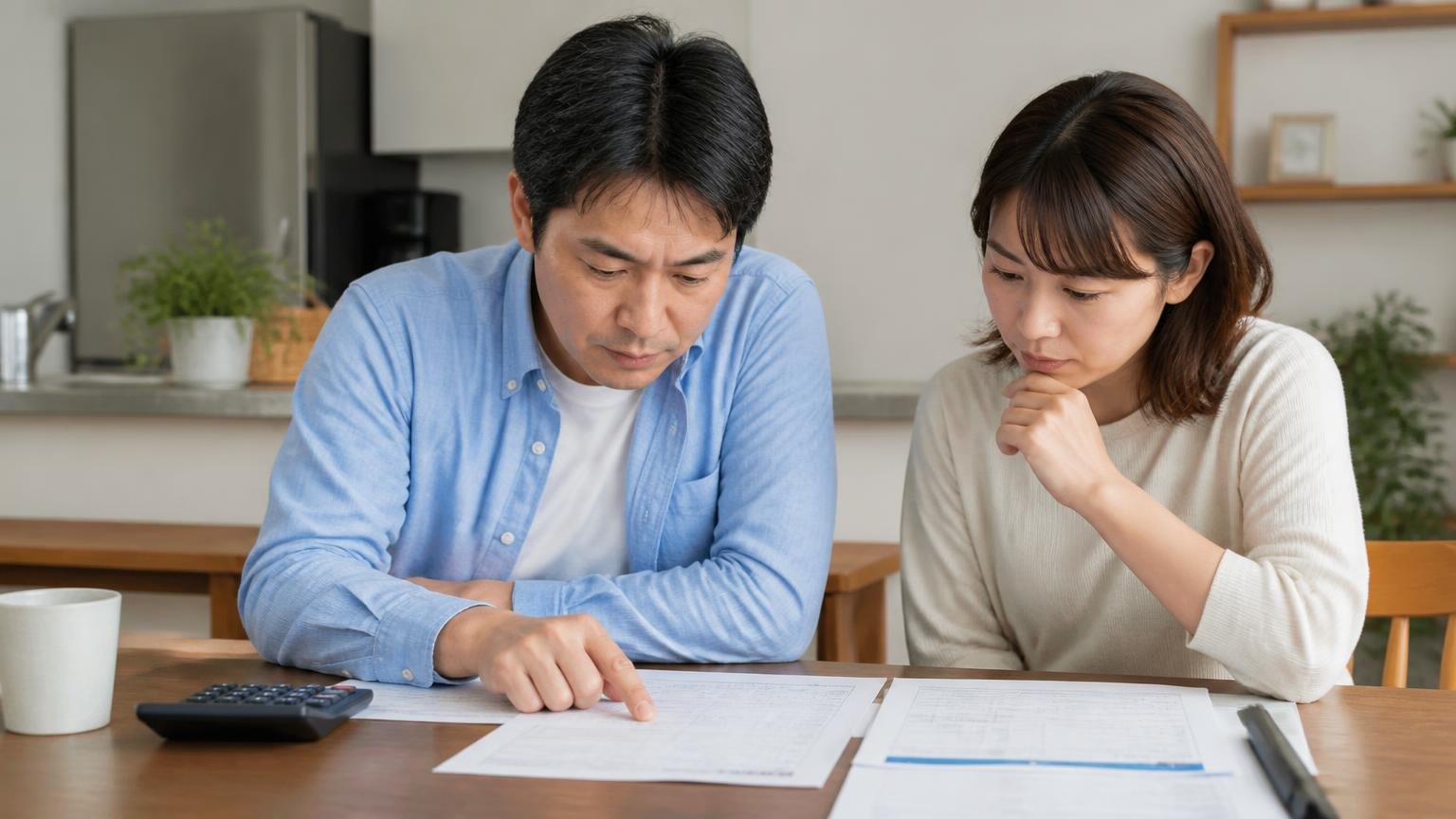 見積書の項目を1行ずつ指でなぞって確認する。ダイニングテーブルで見積書を読む40代男性と30代女性