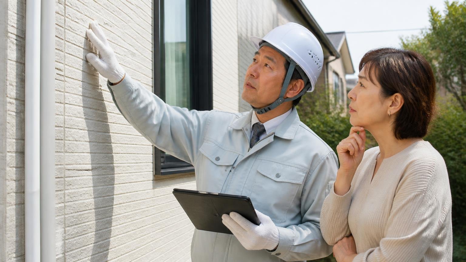 無料の現地調査と相見積もりから始められる駆除業者3選 家の外壁まわりを点検する作業員と施主 2人