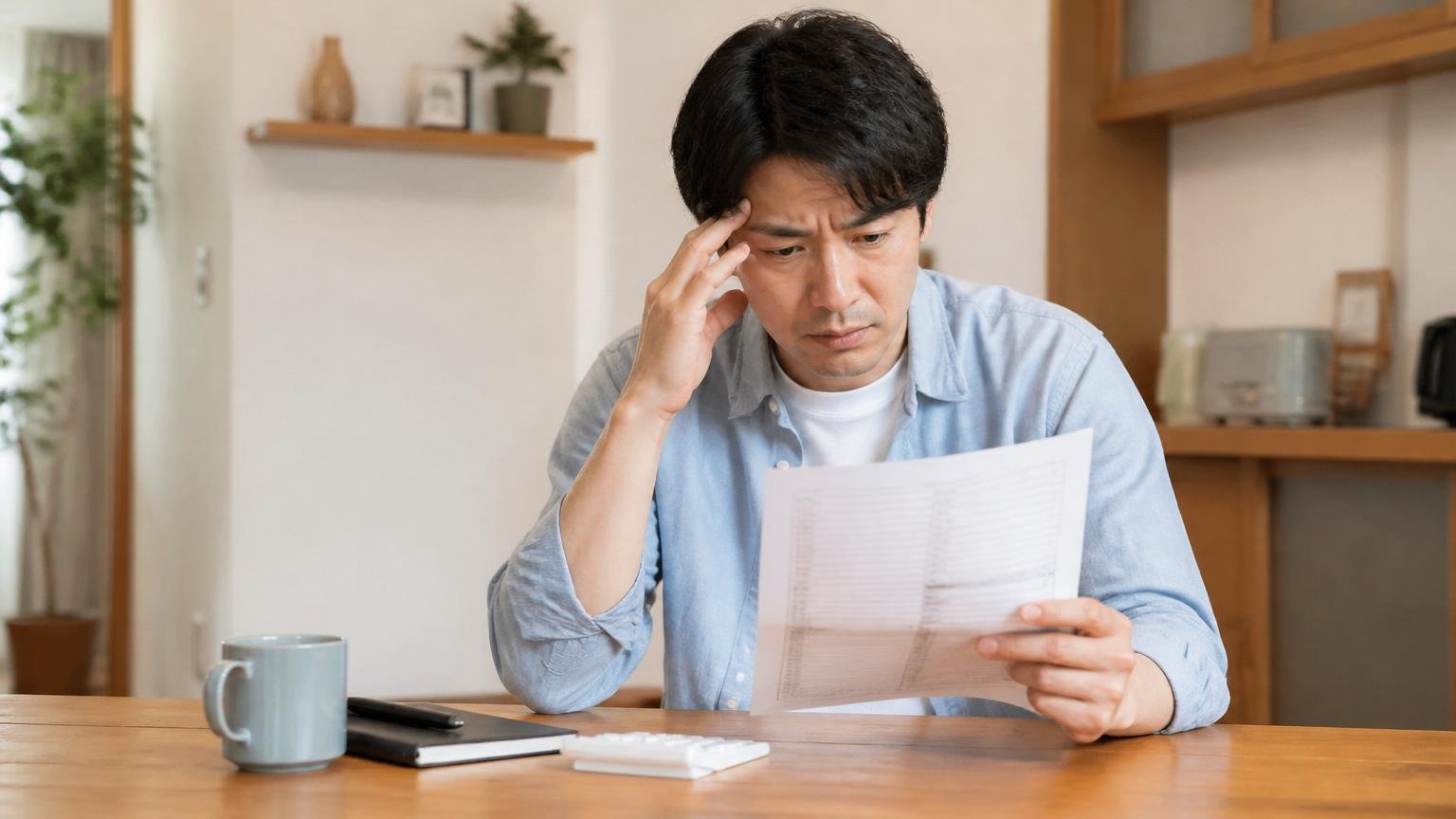 1社だけの見積書を前に判断できず悩む場面。ダイニングで1枚の見積書を握りしめる住人が困惑した表情