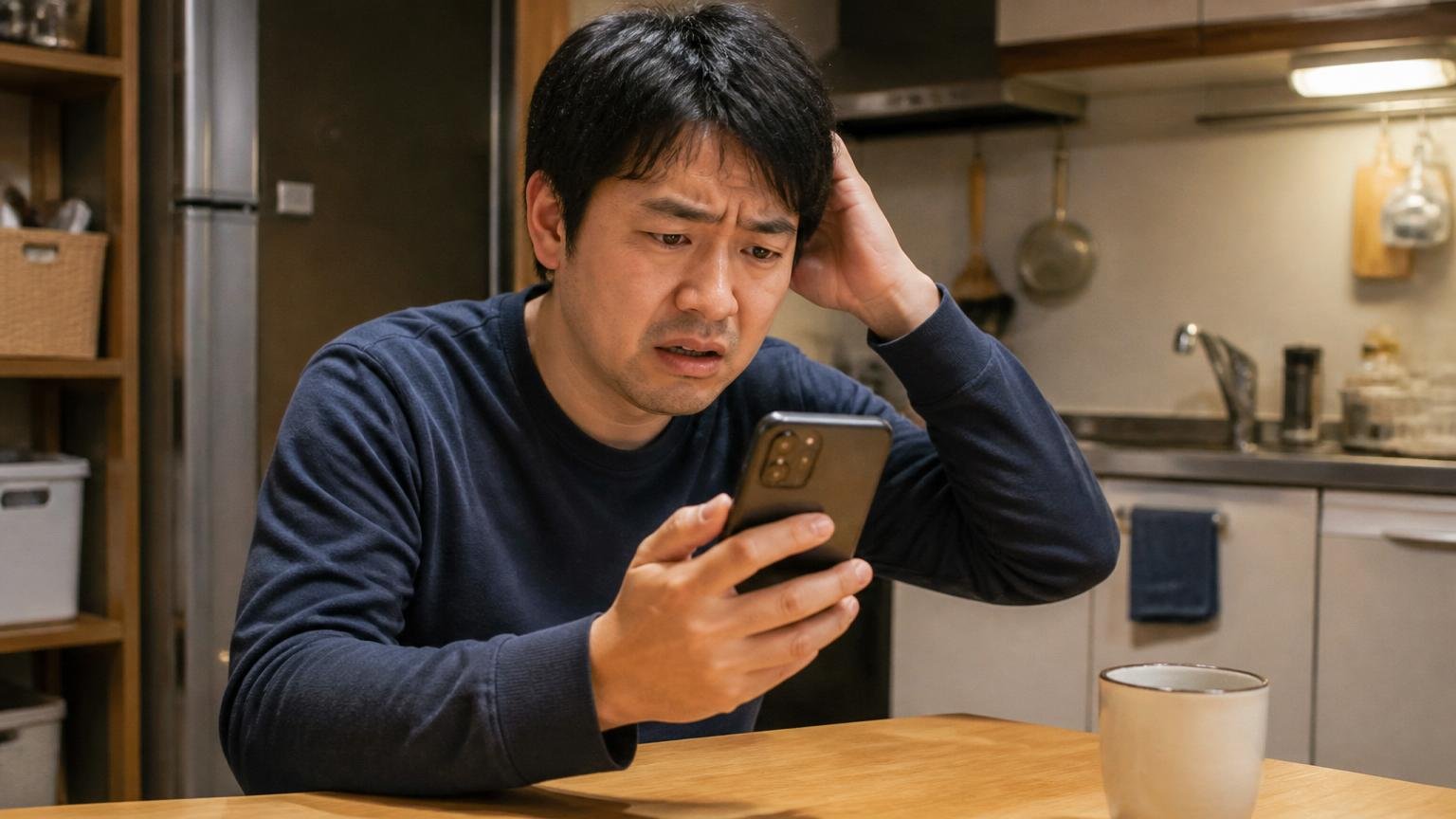 向いていない人の例。夜の自宅キッチンでスマホの料金ページを探して困った表情を浮かべる30代男性1人