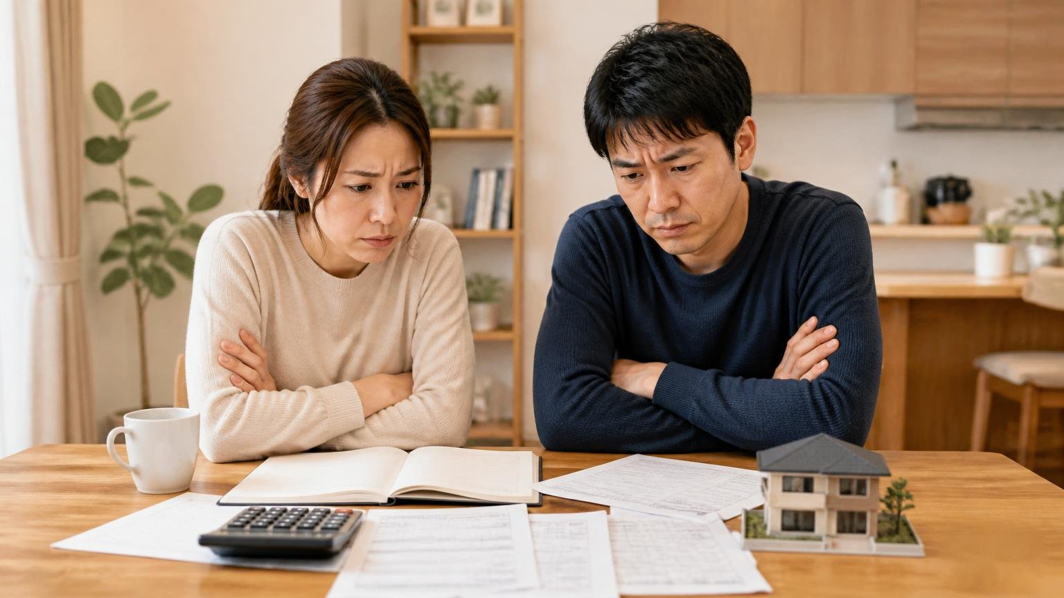 費用の安さを最優先して悩む場面。住宅のダイニングで住人2人が家計簿と見積書を前に腕を組んで考え込む