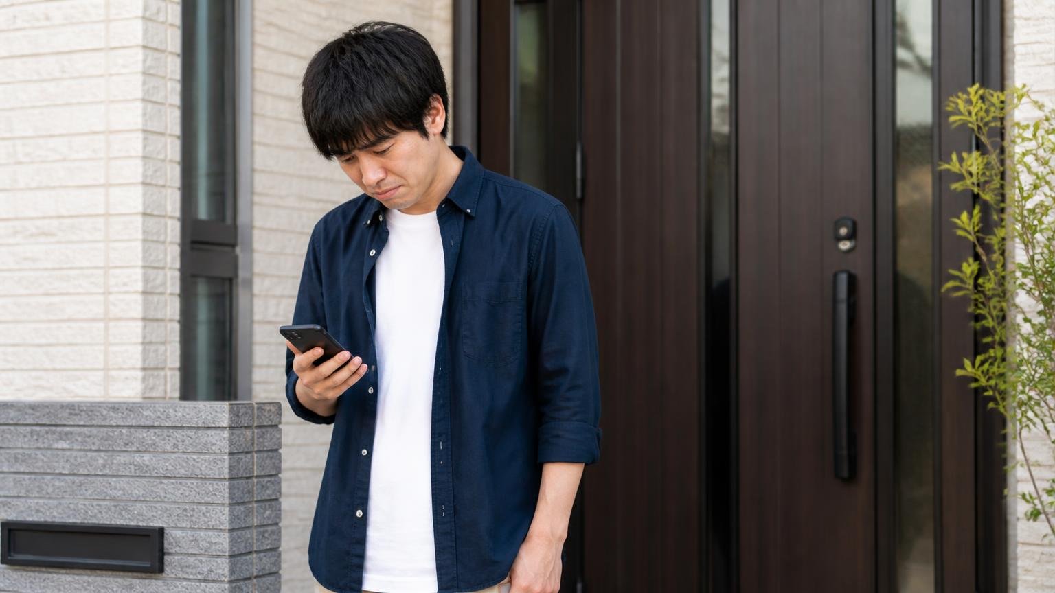 向いていない人 関西の住宅の玄関前 男性1人 スマホを見て肩を落とす