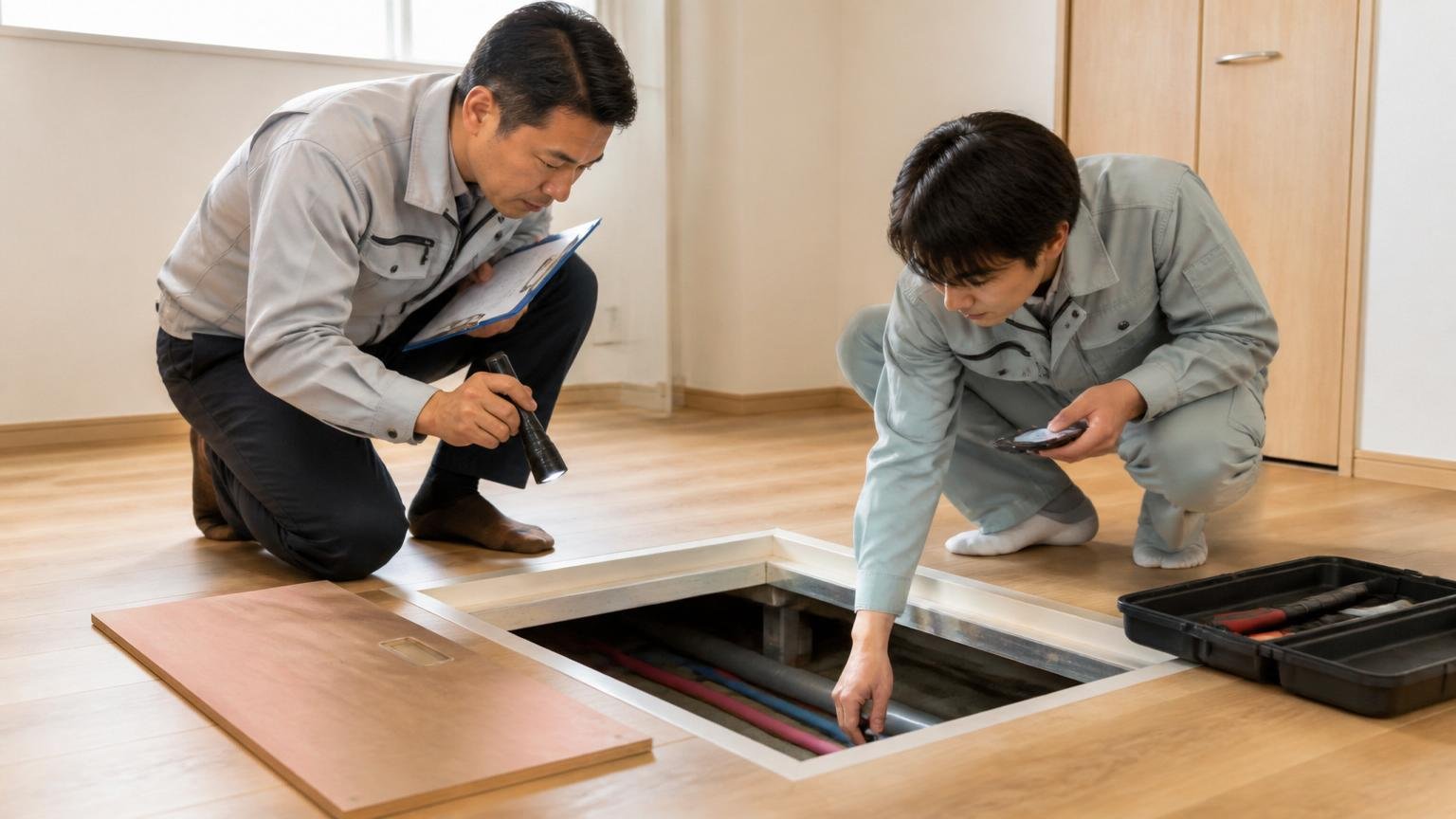 相見積もりは値切るためのものではない 住宅の床下点検口の前で2人の作業員が別々に調査する様子
