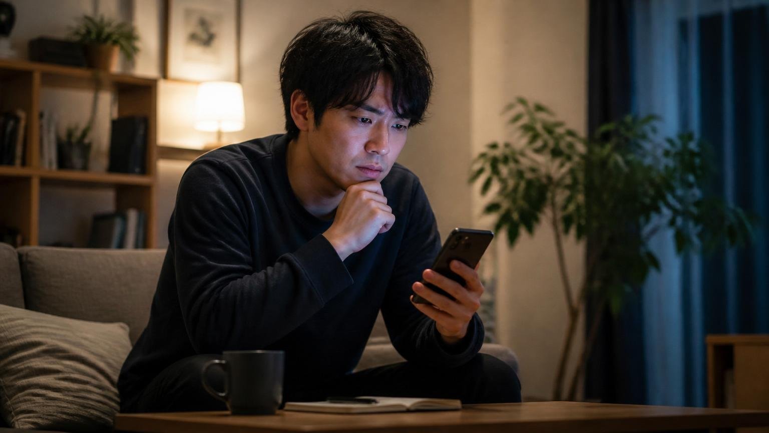 自分には向いていないと気づき別の道を探す場面。夜のリビングでスマホを操作する男性1人が思案する表情