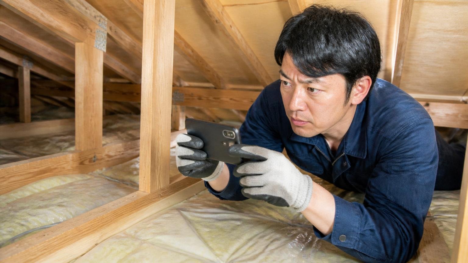 急ぎたいと慎重に選びたいを両立させる4ステップ。木造戸建ての天井裏をスマホで撮影する男性1人が真剣な表情