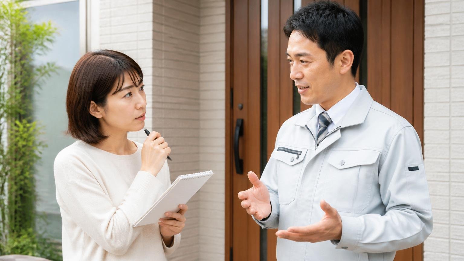 見積もりで質問する場面。住宅の玄関先でメモを見ながら担当者に質問する30代女性と、答える作業着の男性