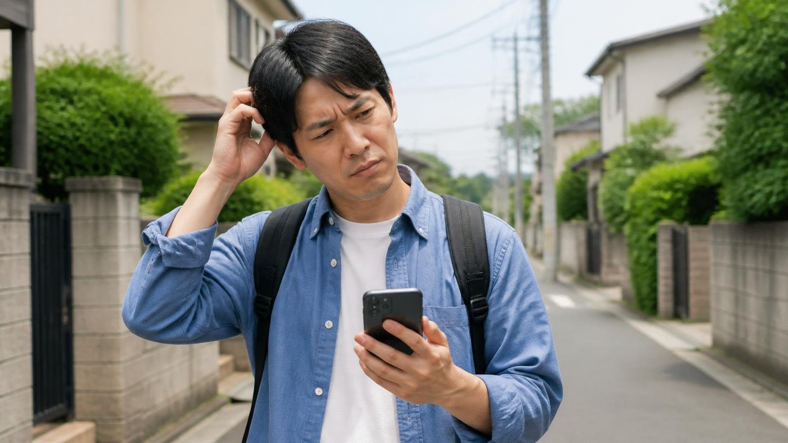 向いていないかもしれない人|エリア外・大規模害獣被害・長期保証重視 住宅街の路上で地図アプリを見て困惑する男性1人 首をかしげる表情