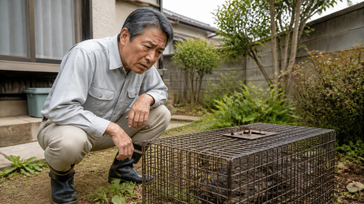 庭に設置した箱わなを見回る場面。住宅の裏庭で箱わなをのぞき込む50代男性1人が難しい顔をする