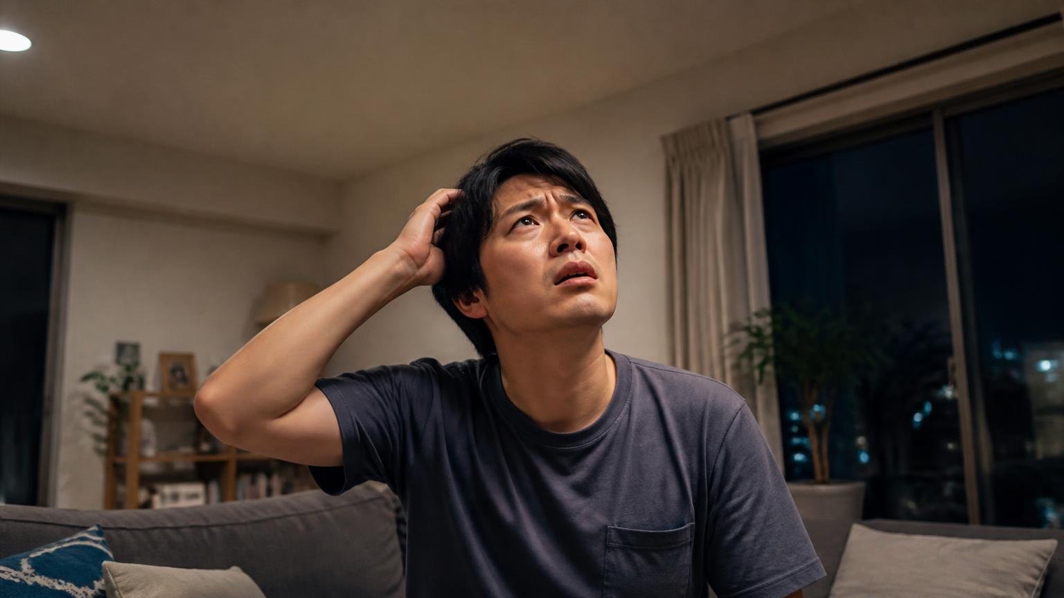 向いていない人の条件。深夜のリビングで天井を見上げる男性1人が困惑