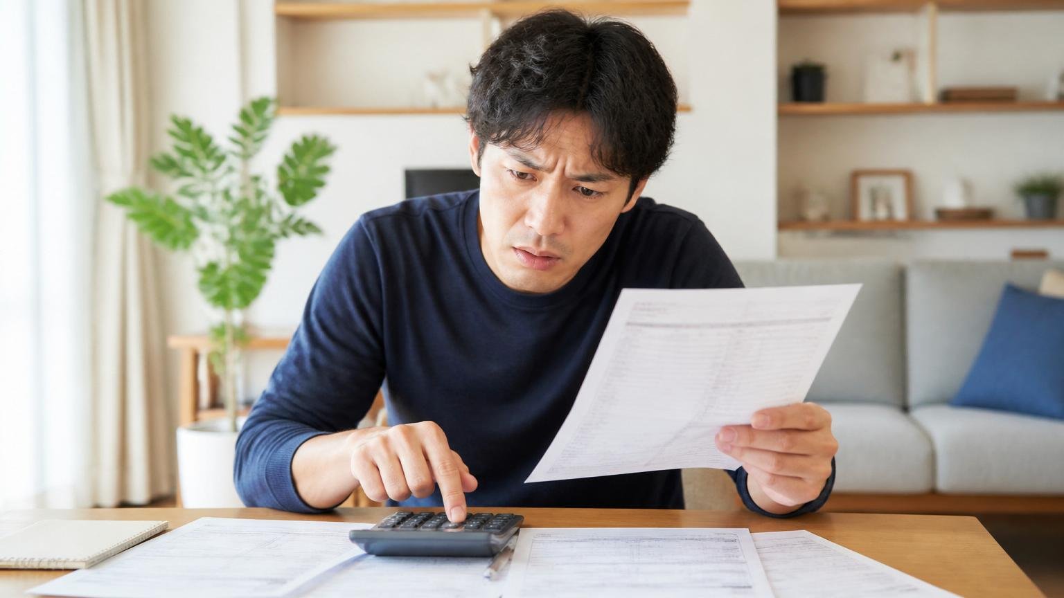 向いていない人は代表がお受けしませんと語る条件 リビングで電卓を叩きながら困った顔で見積書を見る30代男性
