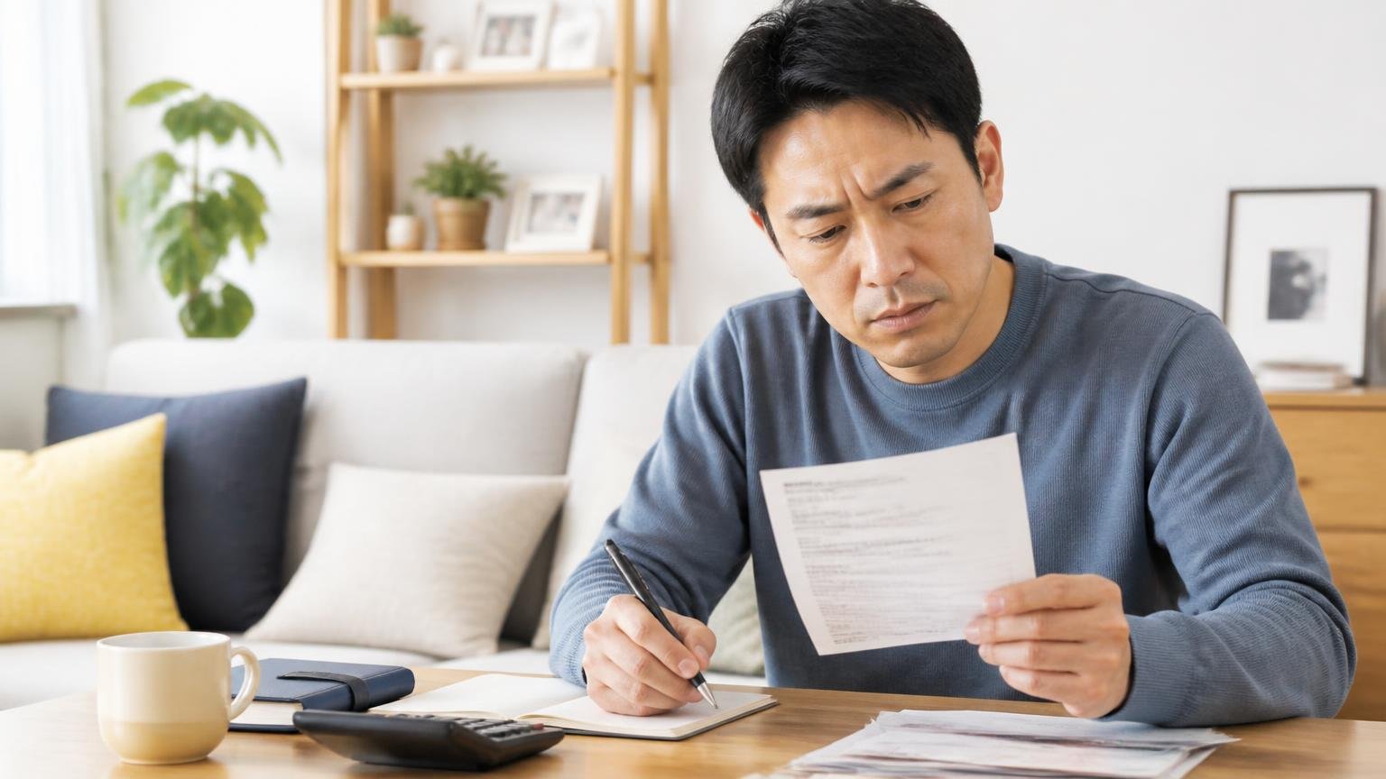 保証は年数ではなく範囲で確認する 自宅のリビングで男性1人が保証書を読み込みメモを取る真剣な表情