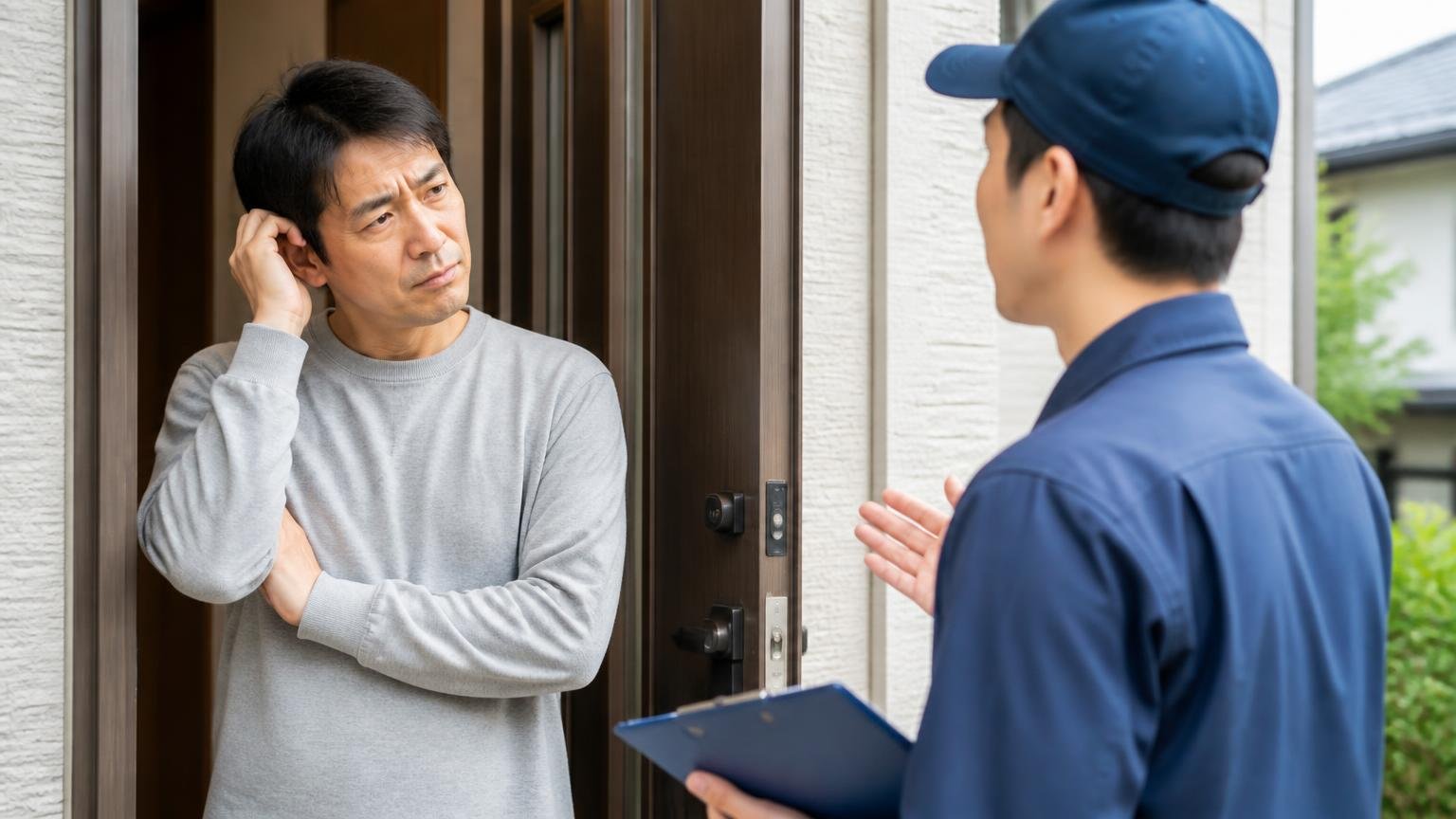 訪問業者に床下点検を求められたときの対応、玄関先で訪問者と話す住人1人が困惑して首をかしげる