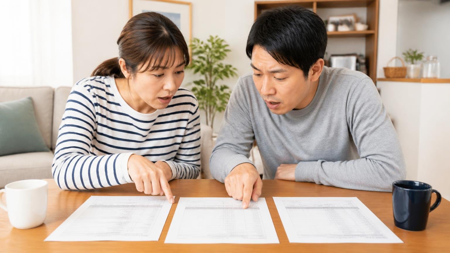 見積書で必ず確認する5項目 リビングのテーブルで住人2人が3社の見積書を並べて指さす