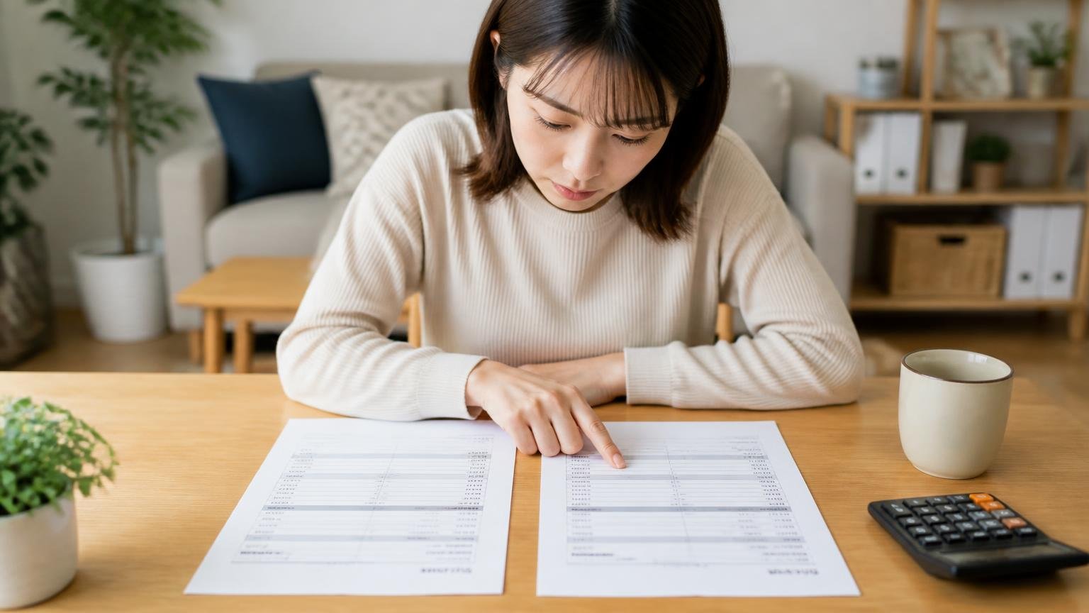 見積書で必ず確認する5項目/リビングのテーブルで2社の見積書を並べる/30代女性1人/2枚を見比べて指でなぞる