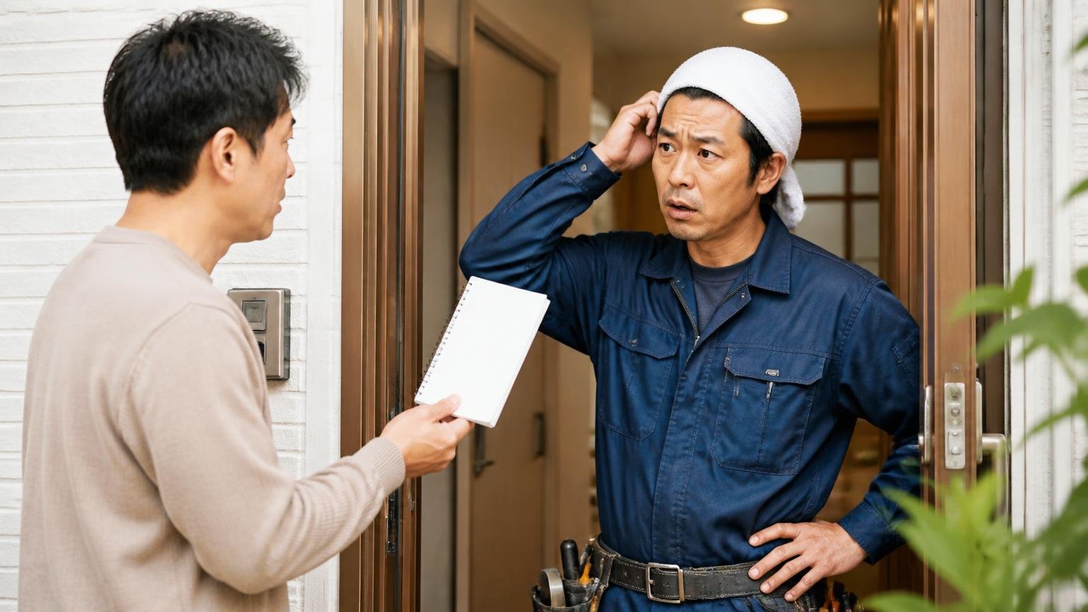 当日必ず聞いておきたい質問リストと急かされたときの対処 玄関で作業員に質問メモを見せる施主1人