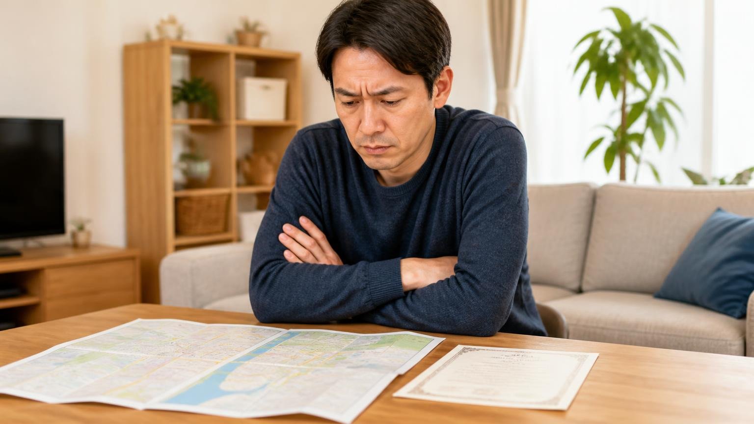 向いていない人の条件を確認する。リビングで男性1人が地図と保証書を並べて腕を組み考え込む