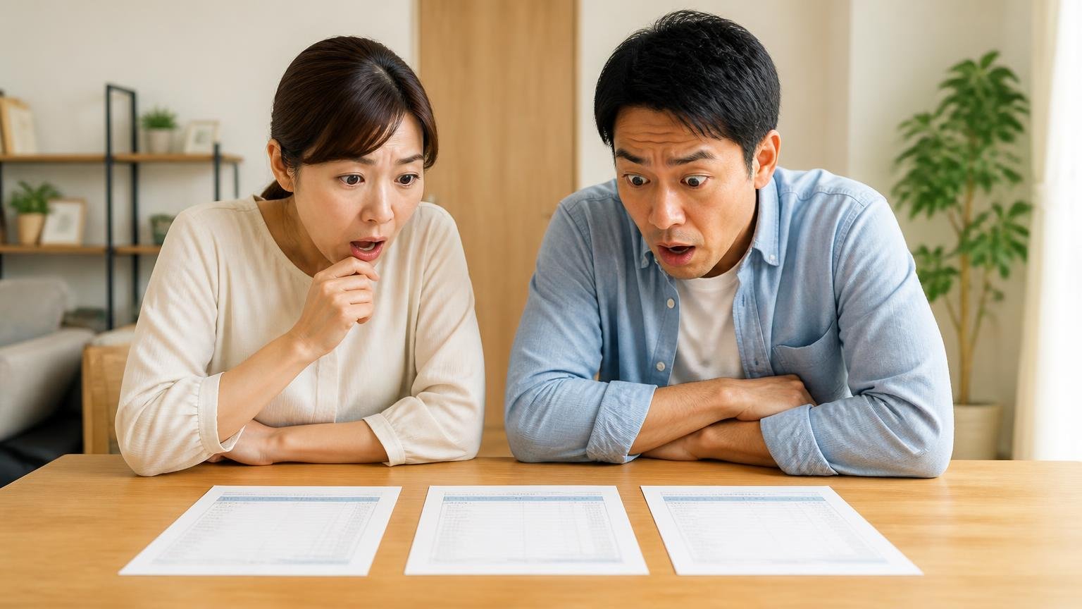 1社だけの見積もりでは判断できない。テーブルに3枚の見積書を並べて見比べる住人の男女2人が驚く表情