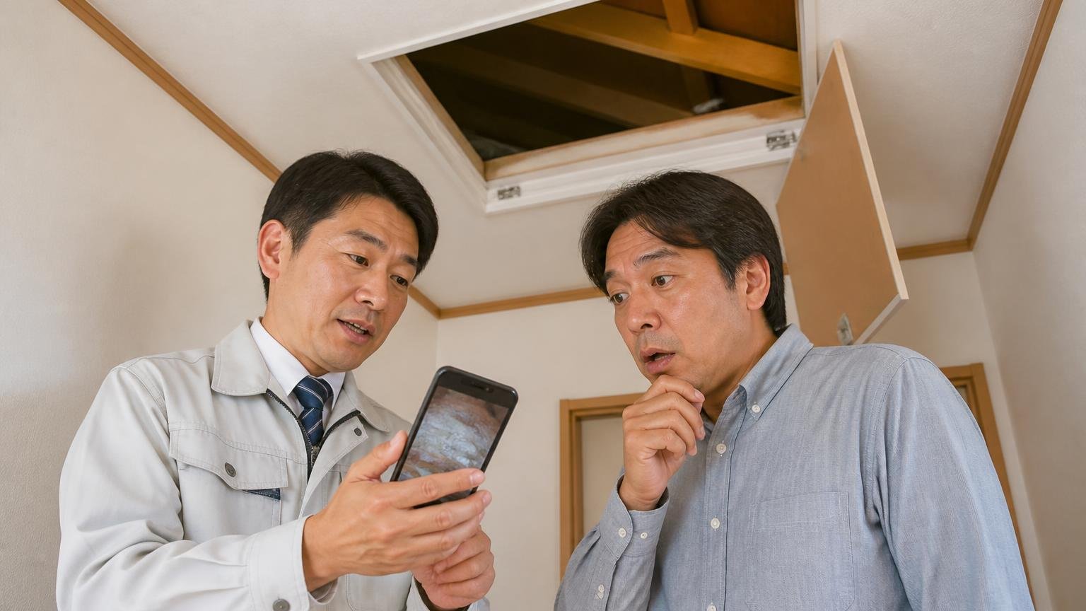 現地調査で見せてもらうこと。木造戸建ての天井裏の点検口前で作業員1人が住人にスマホの写真を見せる