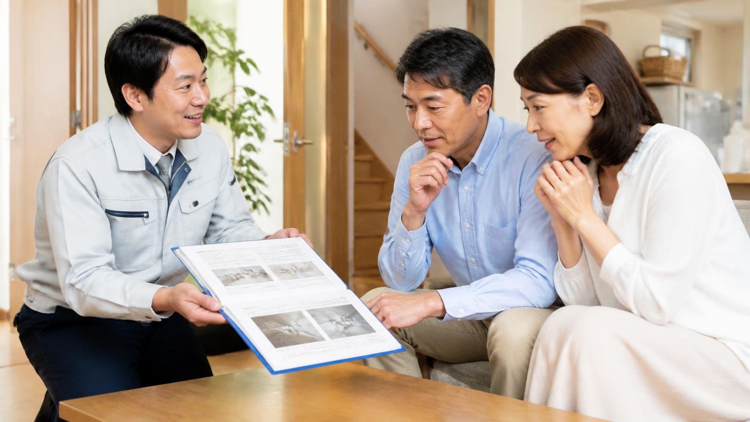 無料調査から契約までの流れ。床下点検を終えた作業員1人が報告書を住人2人に手渡し説明する