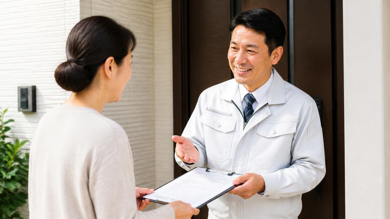 無料で現地を見てくれる駆除業者に相談。玄関前で作業員1人が住人1人に見積書を手渡し笑顔で説明