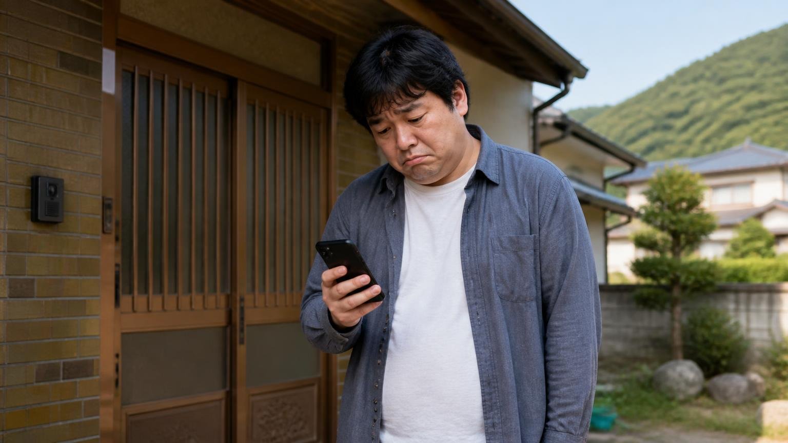 向いていない人の4つの条件 地方の住宅の玄関先でスマホを見て肩を落とす 住人1人 残念そうな表情