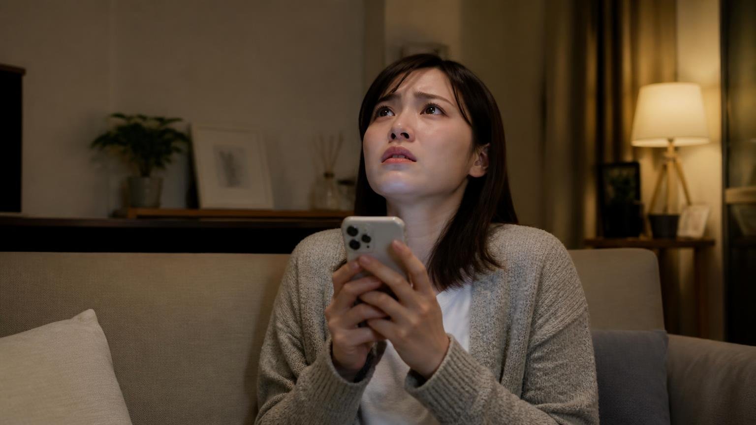 向いていない人もいる。深夜の住宅のリビングで女性1人がスマホを握りしめ、不安そうに天井を見上げる