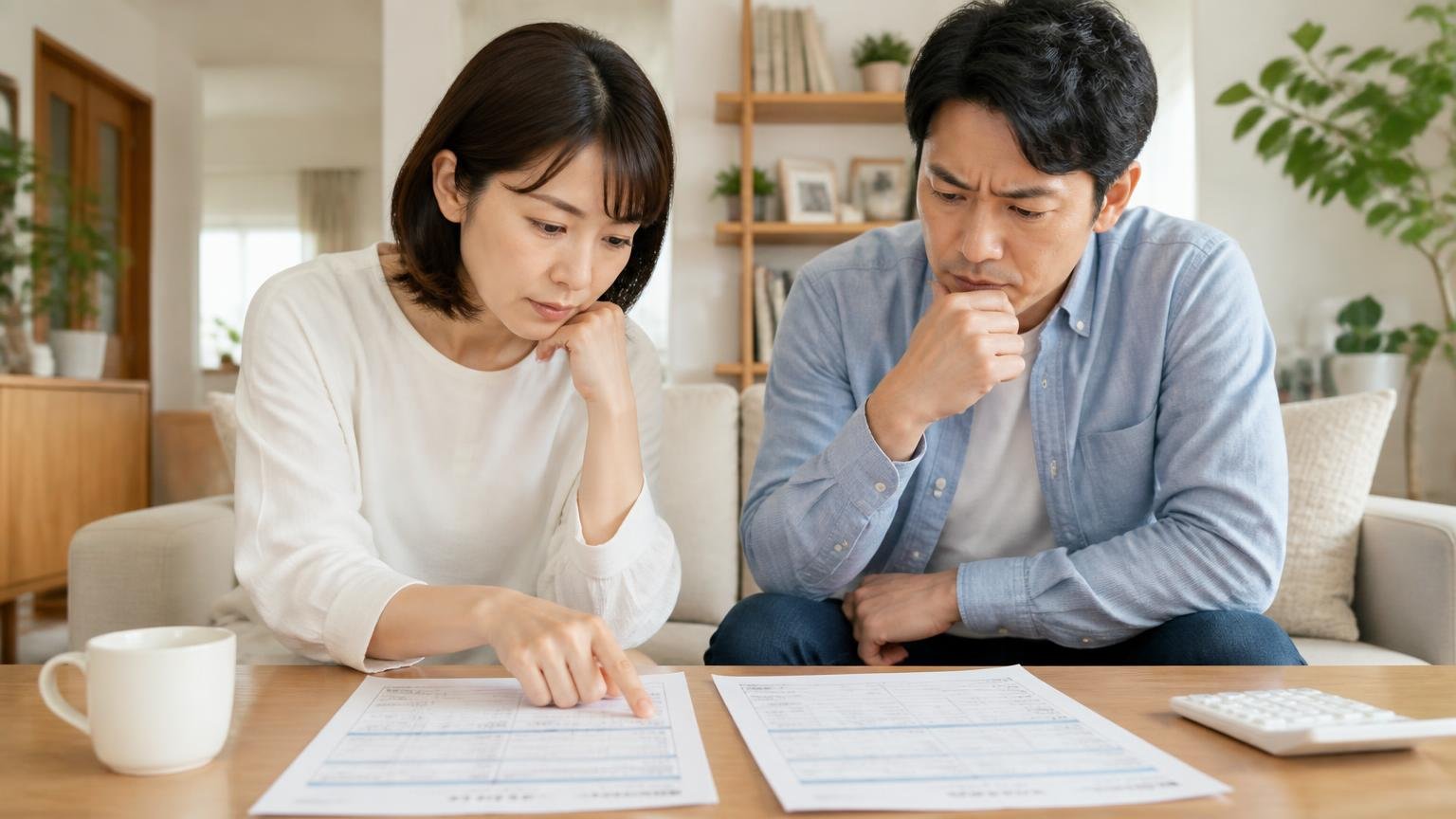 2社分の見積書を並べて比較する。リビングのテーブルに書類を並べる30代女性と40代男性が真剣な表情