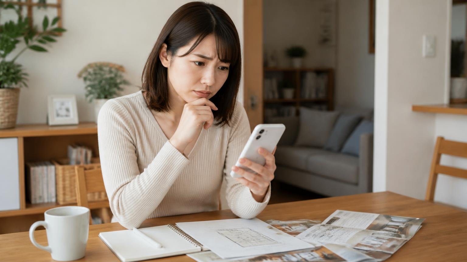 条件が合わず他社を検討する場面。自宅のダイニングでスマホを見ながら別の業者を探す30代女性1人