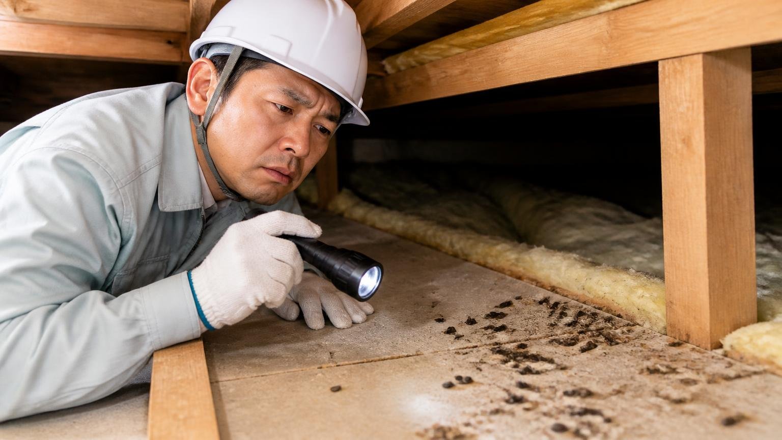 害獣の相談なら「わな狩猟免許」が効いてくる理由 木造戸建ての天井裏でフンの跡を確認する作業員1人 眉をひそめる表情
