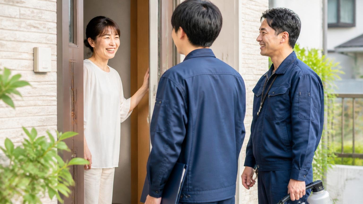 相見積もりの1社目に入れておきたい無料調査つきの駆除業者3選。玄関前で住人1人が作業員2人を出迎える明るい表情