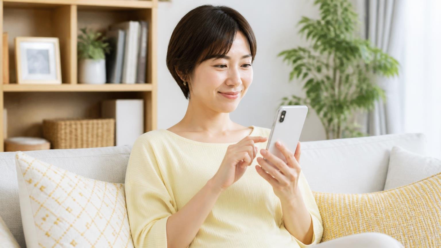 無料の現地調査を申し込む場面。自宅のリビングでスマホから問い合わせをする30代女性が少しほっとした表情